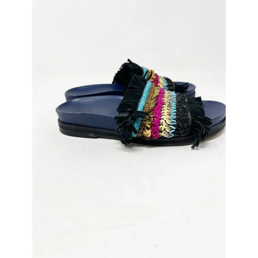 Tory Burch Isle‎ Slide Embellished Slip On Sandals Beaded Fringe Leather Size 7